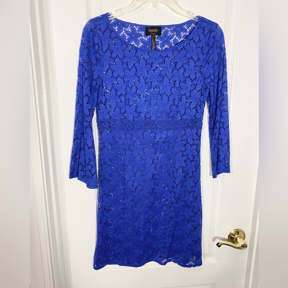 Laundry Shelli Segal Bell Sleeve Lace & Eyelet Mini Dress Cobalt Blue Size 2